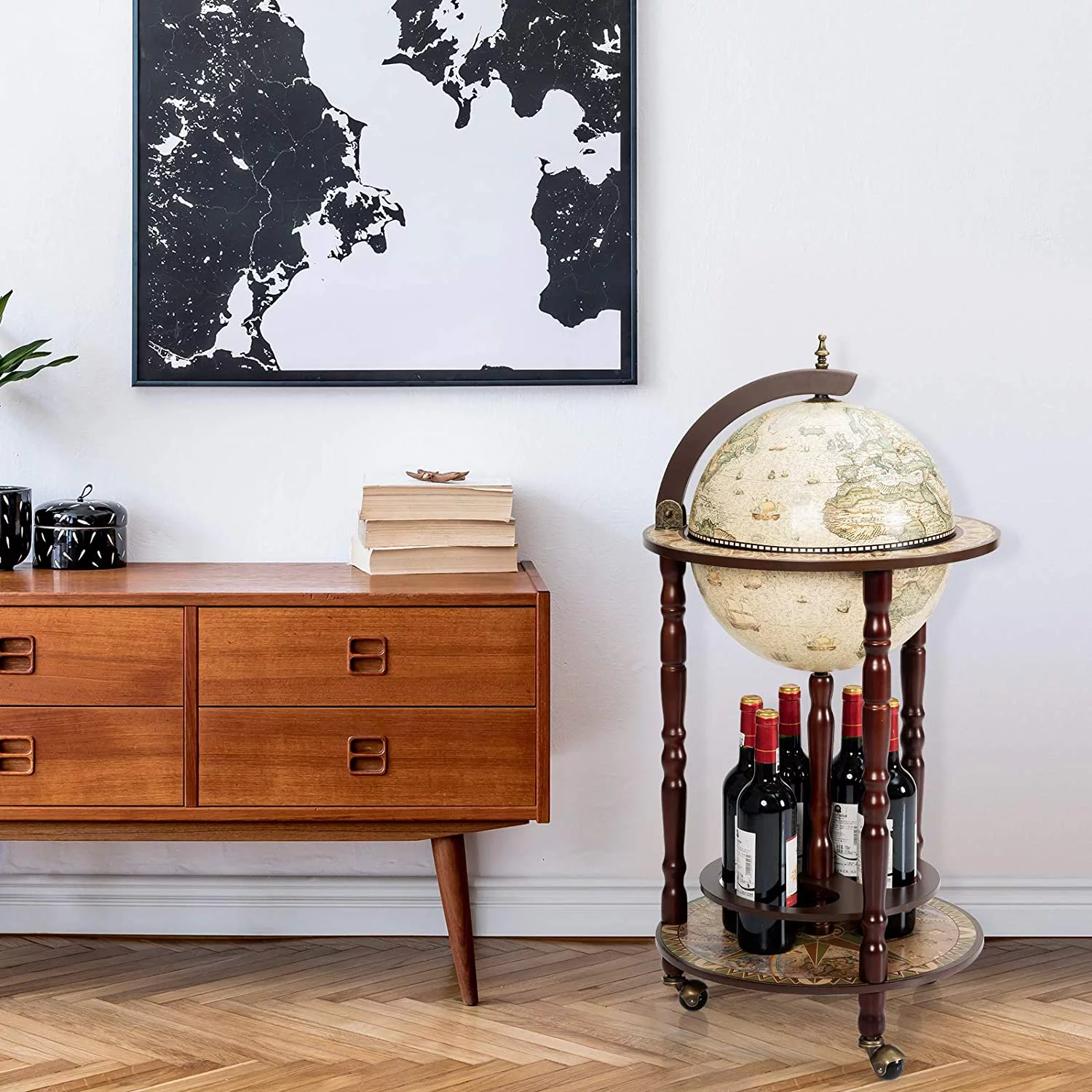 17.5” Globe Bar, Wood Globe Bar Cart with Wheels & Liquor Bottle Shelf, 16th Century Italian Replica Liquor Cabinet, for Living Room, Dining Room, Home, Creamy White