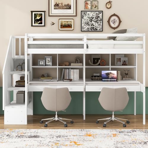 Harper & Bright Designs Twin Size Loft Bed with Stairs and Desks, Wood Loft Bed Frame with Storage Drawers, White