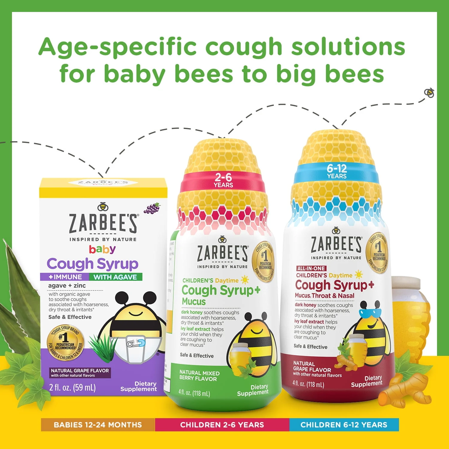 Zarbee's Kids Cough + Mucus Daytime with Honey, Ivy Leaf, Zinc & Elderberry, Mixed Berry, 4FL Oz