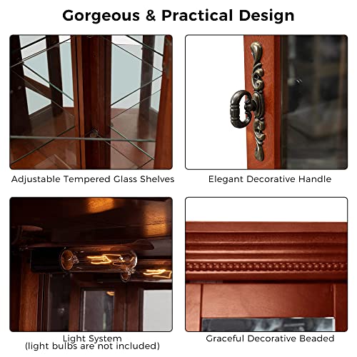 Corner Curio Cabinet with Lights, Lighted Display Cabinet with Glass Doors and Adjustable Shelves, 6-Tier Curio Showcase Floor Stand Collection Art Display Case for Living Room, Pantry (Cherry)