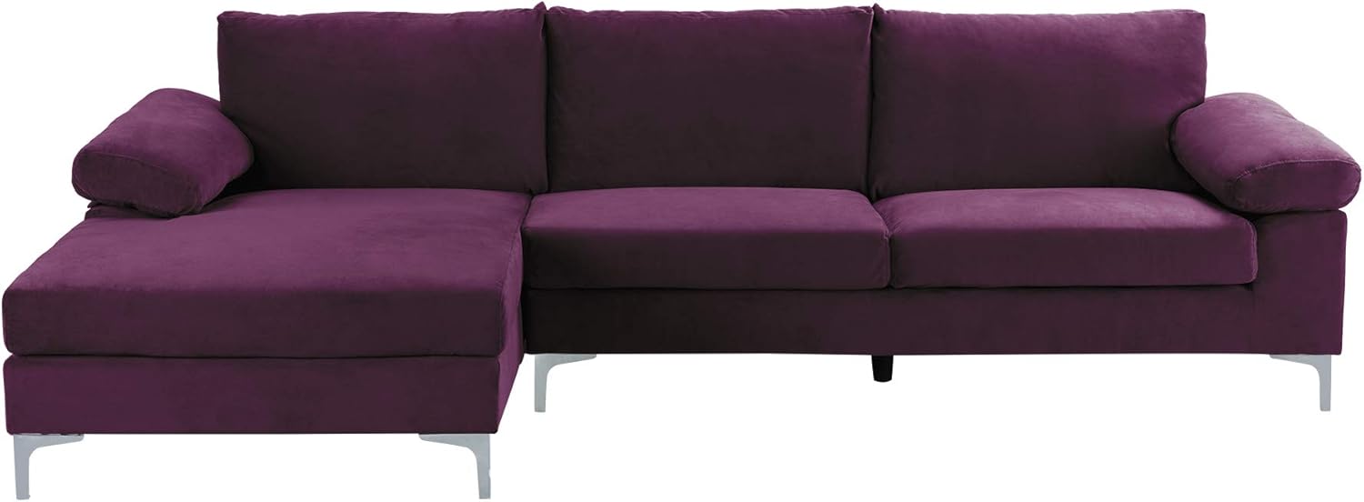 Casa Andrea Milano Modern Large Velvet L-Shape Sectional Sofa, with Extra Wide Chaise Lounge Couch, 51"D x 101"W x 31"Hc, Purple