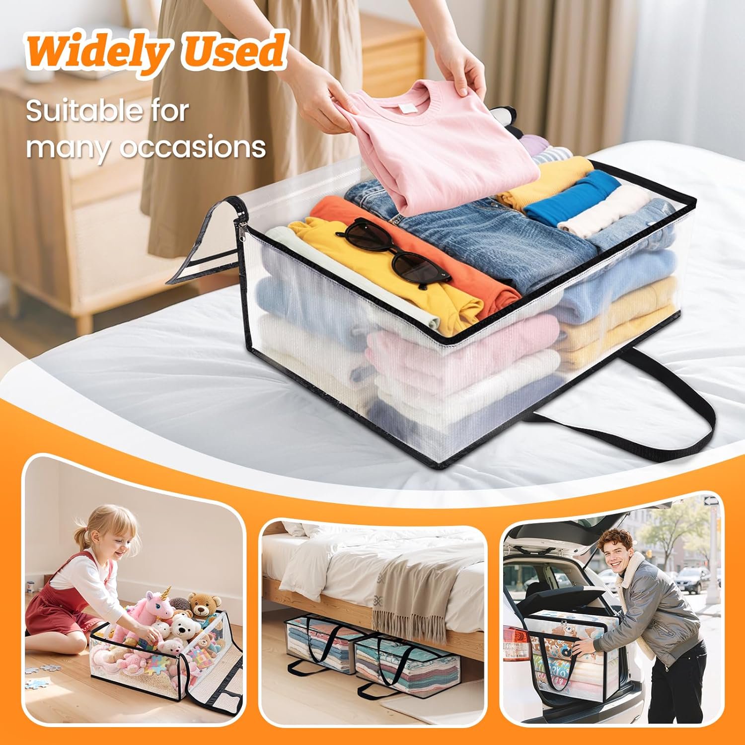 4 Pack Clear Clothes Storage Bags, Moving Bags, Foldable Blanket Storage Under Bed Storage Containers with Sturdy Zipper and Handle for Clothing, Comforter, Bedding, Sheet (40L)