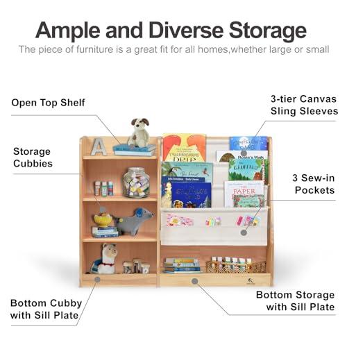 KRAND 4-Layer Kids Wooden Bookshelf, 4-Tier Layer Sling Bookcase, Baby Storage Book Rack,Toy Organizer Cabinet, Books Display for Playroom Livingroom Toddler Room Nursery and Classroom (Natural)