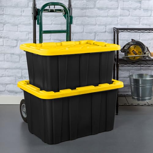 Sterilite 38 Gallon Industrial Stackable Storage Tote Snap-Fit Lidded Home Garage Organization Container with Carrying Handles, 8 Pack, Black/Yellow