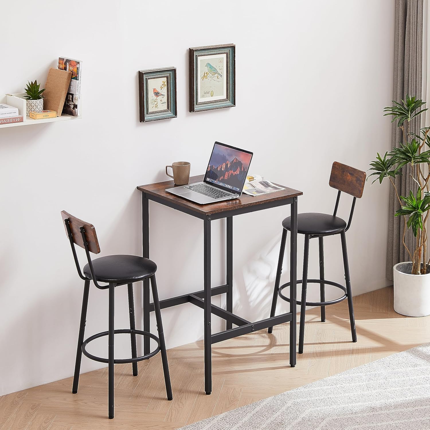 Bar Table and Chairs Set, Sqaure Dining Table Set for 2 with PU Soft Seat and Backrest, Kitchen Table and Chairs for Small Spaces, Kitchen and Bar, Rustic Brown