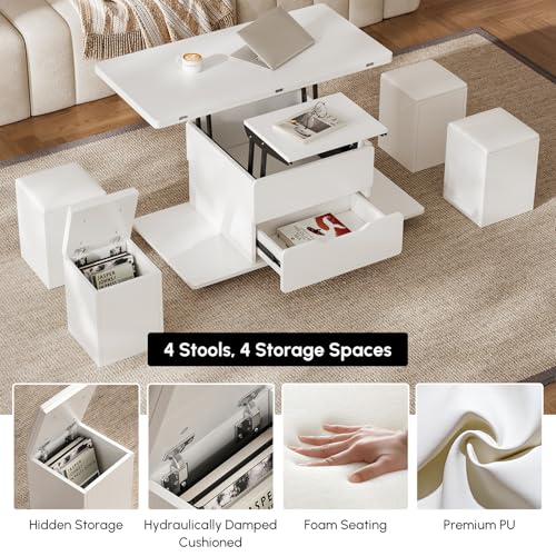 homary Black Lift-Top Coffee Table with Hidden Storage, 3-in-1 Modern Folding Center Table with 4 Stools, Casters, and Lockable Wheels – Convertible Dining & Office Table for Living Room