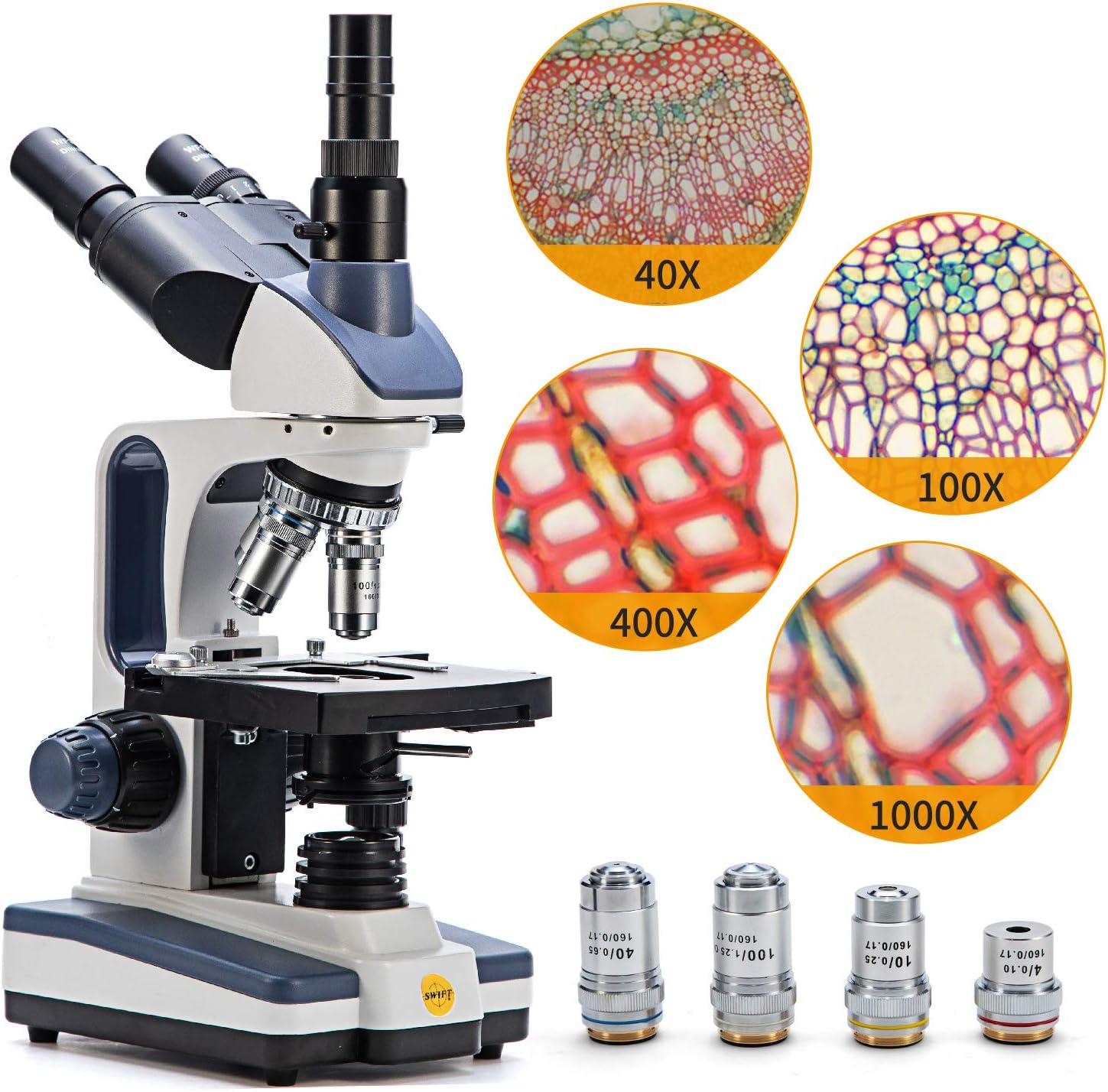 Swift Trinocular Compound Microscope SW350T,40X-2500X Magnification,Siedentopf Head,Research-Grade,Two-Layer Mechanical Stage,1.3mp Camera and Software Windows and Mac Compatible