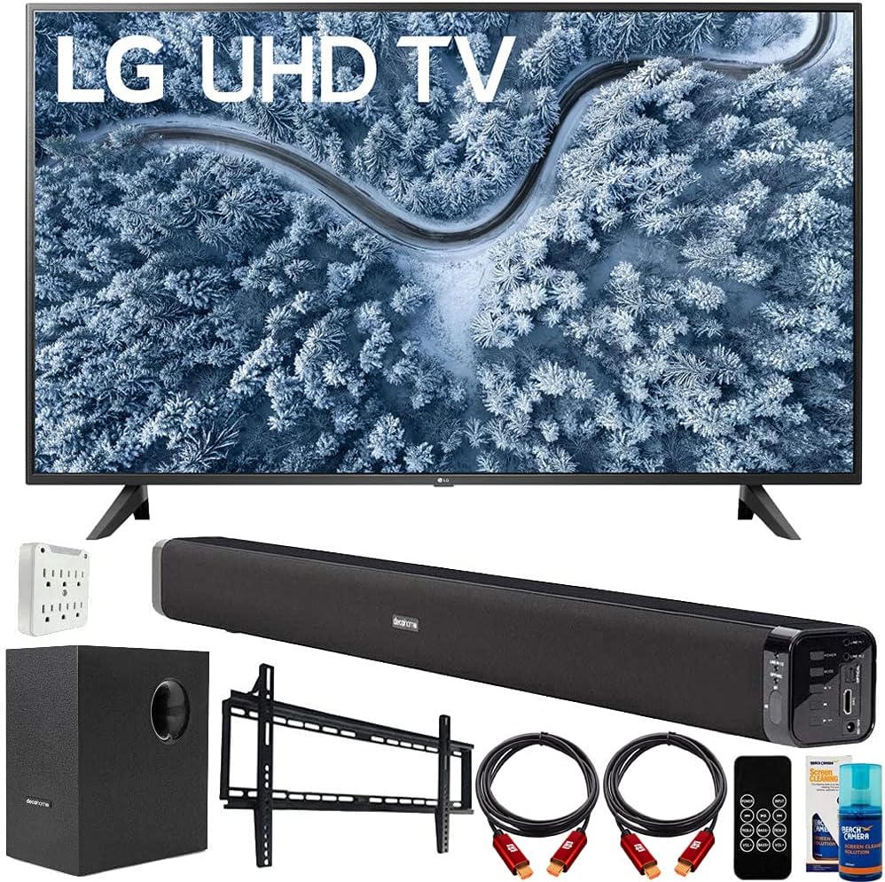 LG 65 Inch UP7000 Series 4K LED UHD Smart webOS TV (2021 Model) Bundle with Deco Gear Home Theater Soundbar with Subwoofer, Wall Mount Accessory Kit, 6FT 4K HDMI 2.0 Cables and More