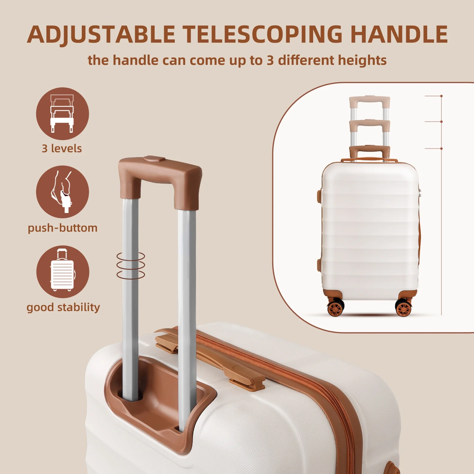 SUGIFT 3 Piece Expandable ABS Hardshell Luggage Sets Spinner Wheel Suitcase TSA Lock Suit Case, White+Brown, 20/24/28 Inch