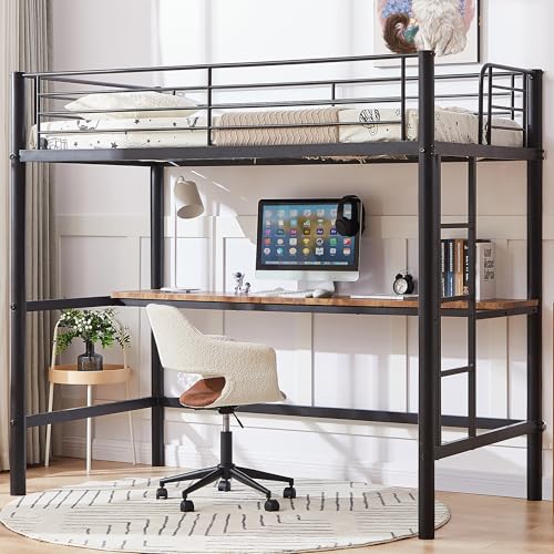 VECELO Metal Loft Bed Twin Size, Heavy Duty Bedframe with Removable Ladder and Safety Guardrail, Space-Saving, Noise Free, No Box Spring Needed, Off White