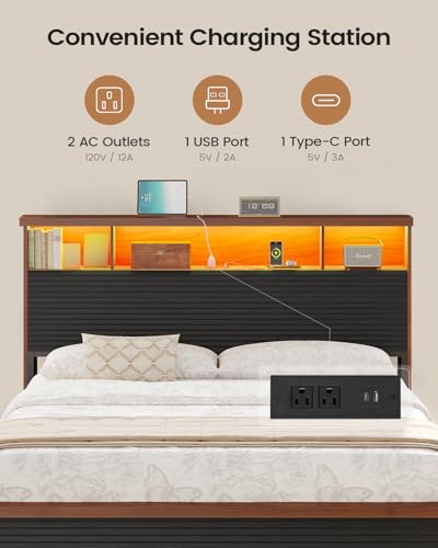 VIAGDO Wood Bed Frame Full Size with 4 Storage Drawers and Charging Station, Fluted Led Full Bed Frame with 2 Tier Storage Headboard, No Box Spring Needed,Wood