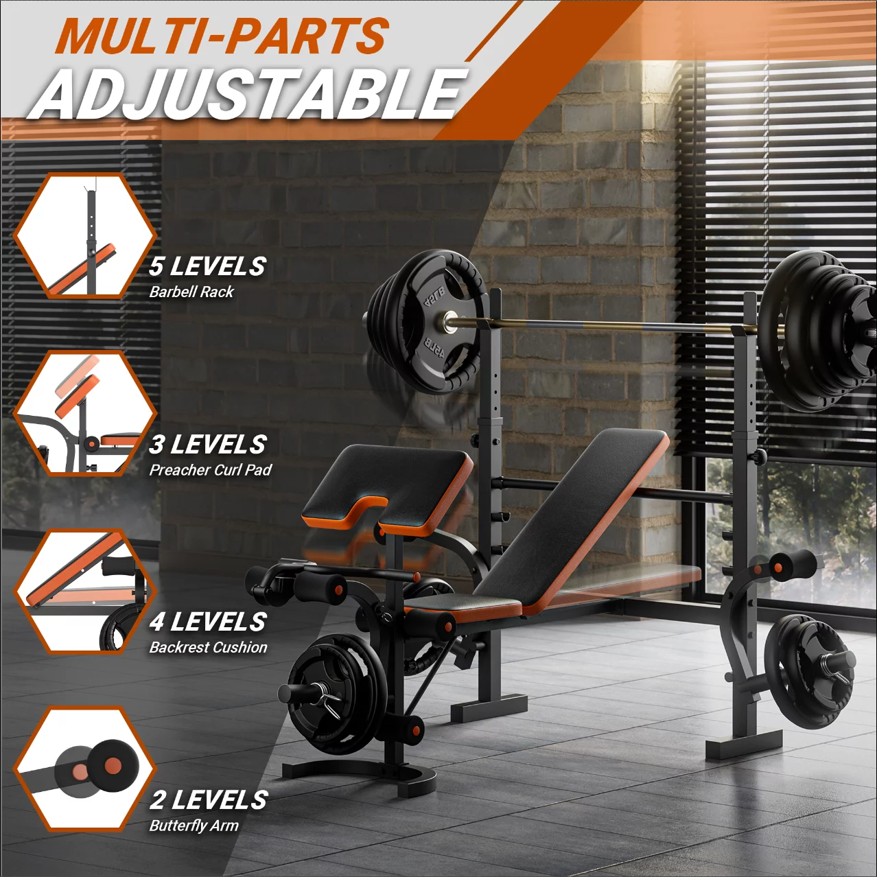 GIKPAL 660lb 6-in-1 Adjustable Weight Bench with Multi-Purpose Workout Bench Set With Barbel Rack and Leg Developer for Full Body Function Strength Training