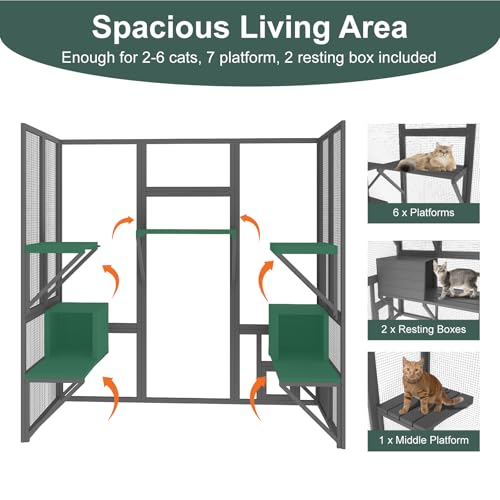 Catio Outdoor Cat Enclosure, Large Cat House for Mulitiple Cats Walk in Cat Cage with Waterproof Cover and Sunshine Panel Roof, Feral Cat Shelter with 7 Platforms and 2 Resting Box, 72 inch