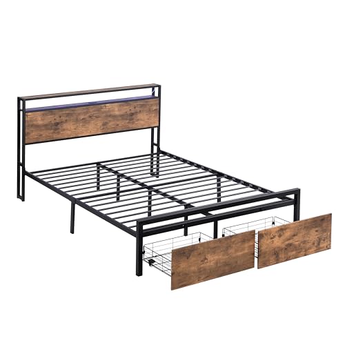 Full Bed with Storage Headboard and 2 Drawers, Full Size Bed Frame with LED Lights & Built-in USB Charging Stations, Metal Platform Bed, No Box Spring Needed, Easy Assemble