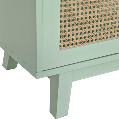 Sideboard Accent Storage Cabinet with Rattan Decorated 4 Doors Modern Freestanding Kitchen Buffet Table Cupboard Accent Cabinet for Dinging Room, Living Room, Entryway,Mint Green, M042310