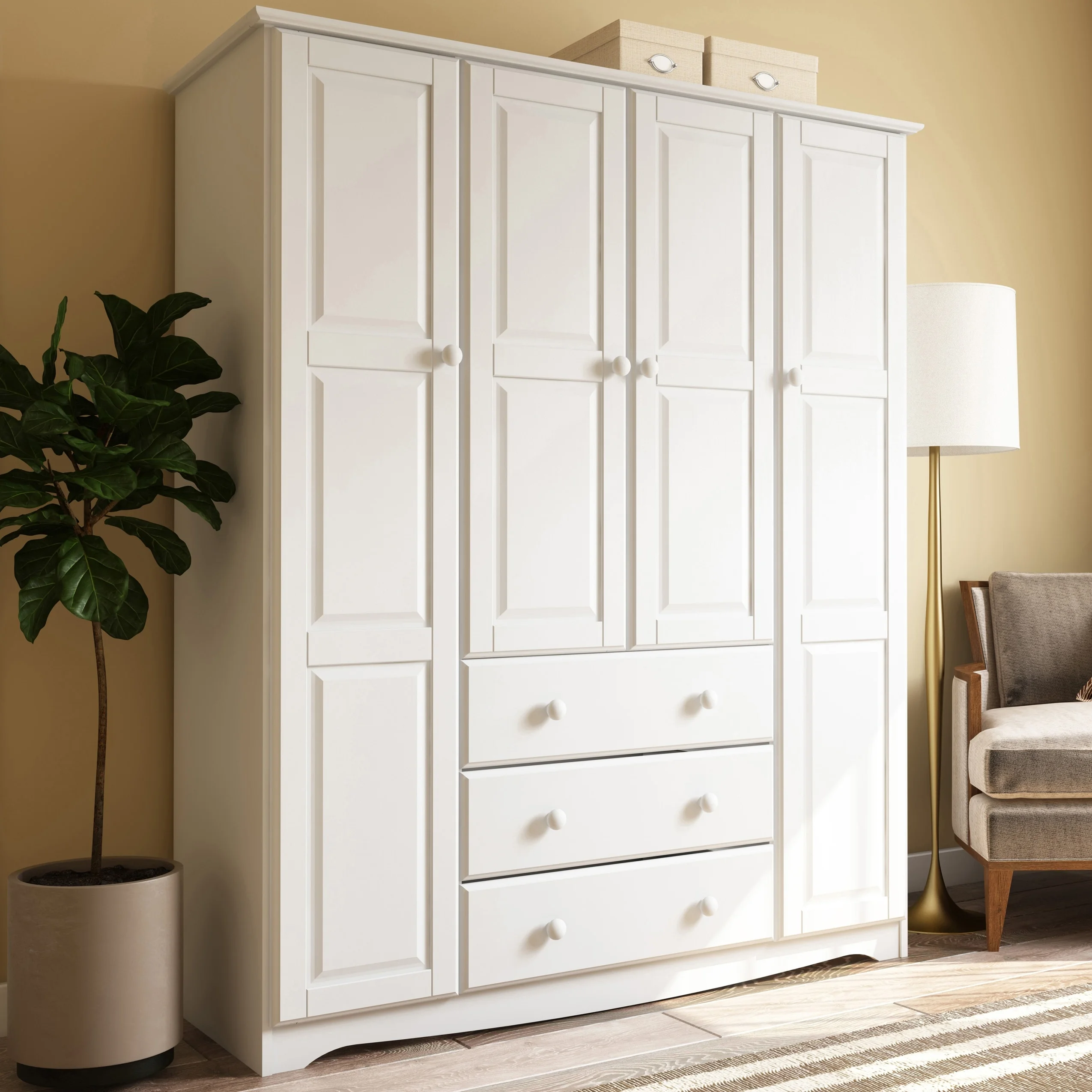 Palace Imports, Inc. Palace Imports 100% Solid Wood Family 4-Door Wardrobe Armoire with Metal or Wooden Knobs White-Metal Knobs