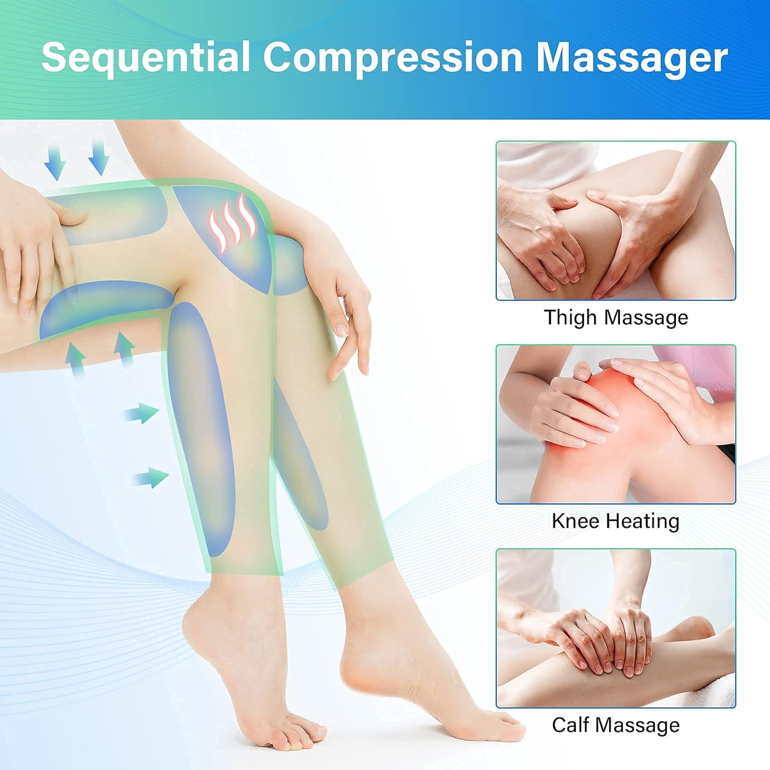 Rechargeable Leg-Massager for Circulation with Heat, Portable & Cordless Air Compression Leg Massager for Muscles Relaxation, Massage Calf & Thigh, Handheld Controller with 3 Modes 3 Intensities