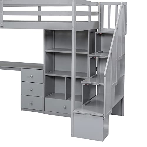 Modern Wooden Full Size Loft Bed with Desk and Shelves,Two Built-in Drawers and Storage Staircase,for Kids Boys Girls Teens Adults Bedroom (Gray@Desk, Full)