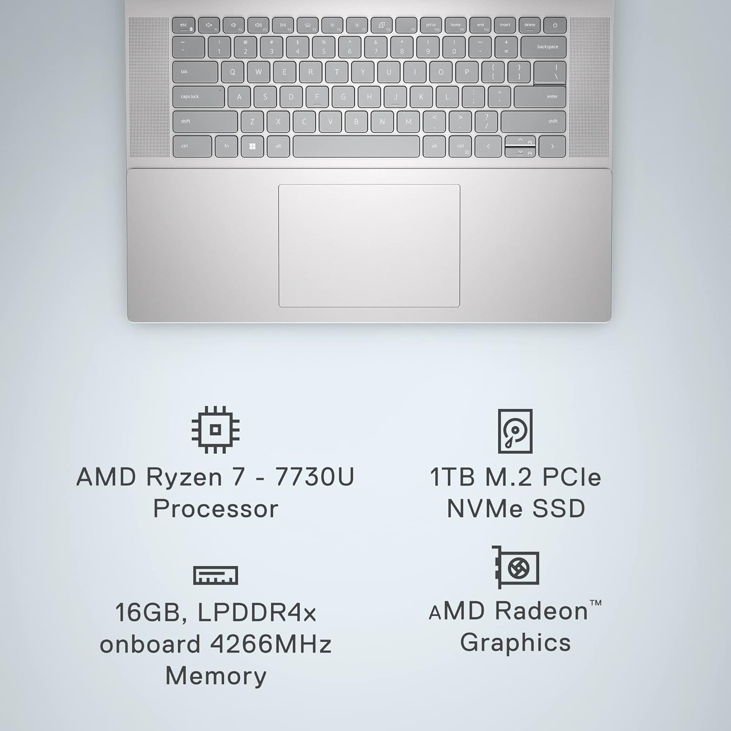 Dell Inspiron 16 5635 Laptop - AMD Ryzen 7-7730U, QHD 16 inch, 16GB LPDDR4x RAM, 1TB SSD, AMD Radeon Graphics, Windows 11 Home, 1 Year Premium Support - Platinum Silver