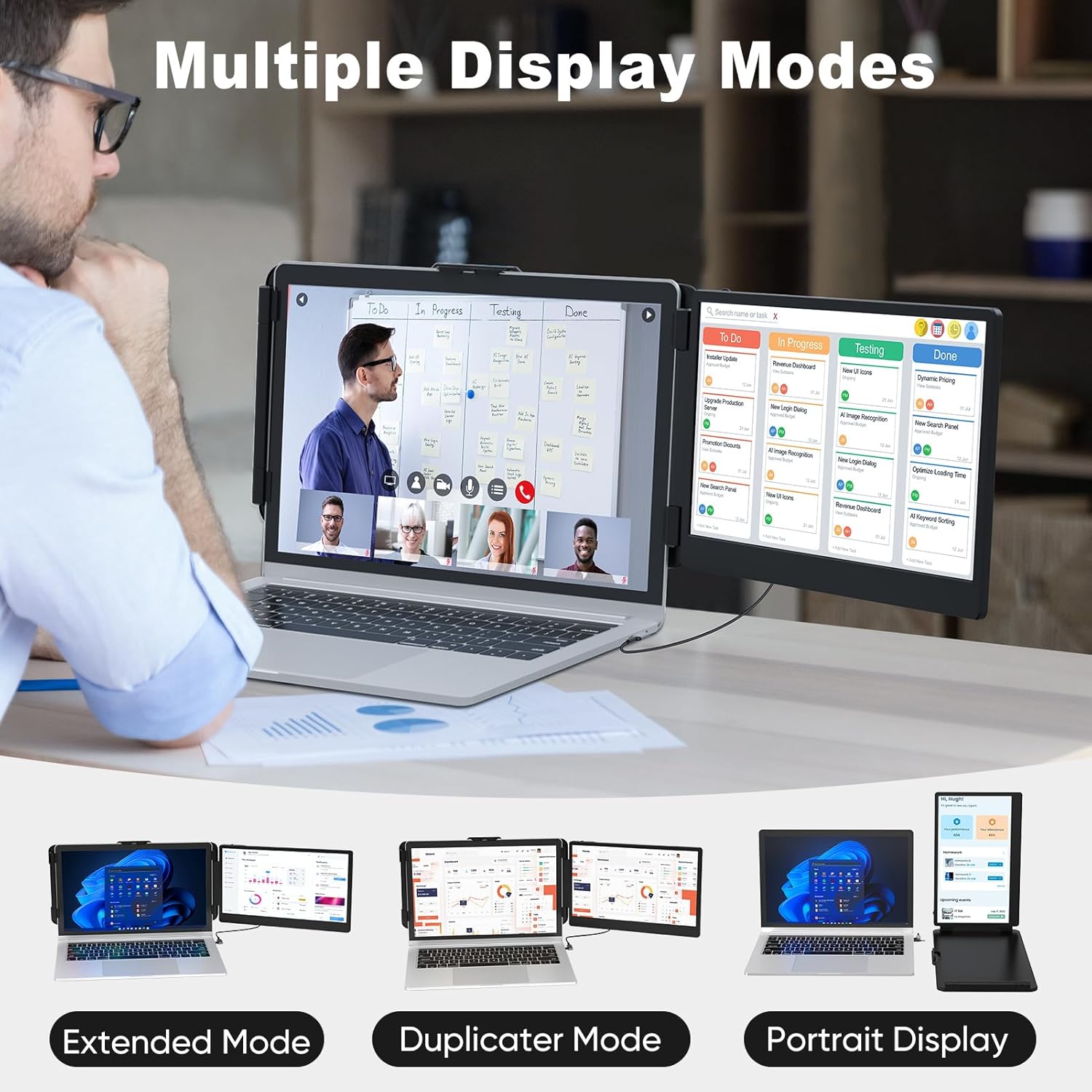Portable Monitor, Laptop Screen Extender, 12" 1080P FHD IPS Plug & Play 180 ° Foldable for Easy Portability, Travel Monitor Extender Work with 13-16.1'' Wins Mac Chrome