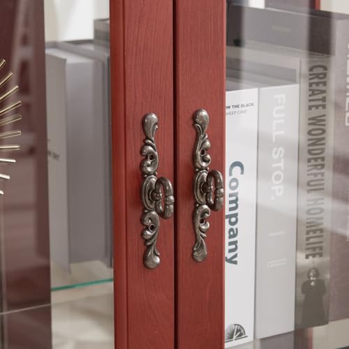Dolonm Curio Corner Cabinet with Glass Doors, Curio Display Cabinets with Adjustable Shelves, Corner Display Cabinet with Mirrored Back Panel, Lighted Corner Curio Cabinet, Light Bulb Included, Cherry