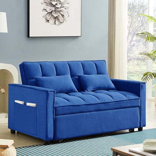 3 in 1 Convertible Sleeper Sofa Bed,Futon Loveseat Couch with Pull-Out Bed & Adjustable Backrest,Velvet Fabric Sofa with Side Pocket for Small Apartment, Living Room, Office (Black)
