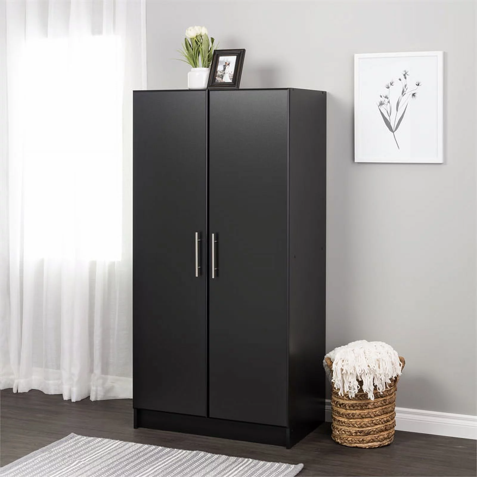 Prepac Elite 32" Storage Cabinet Armoire, Black Storage Cabinet, Linen Cabinet, Wardrobe Cabinet with Hanging Rail and Shelves 21" D x 32" W x 65" H, BESW-3264-K