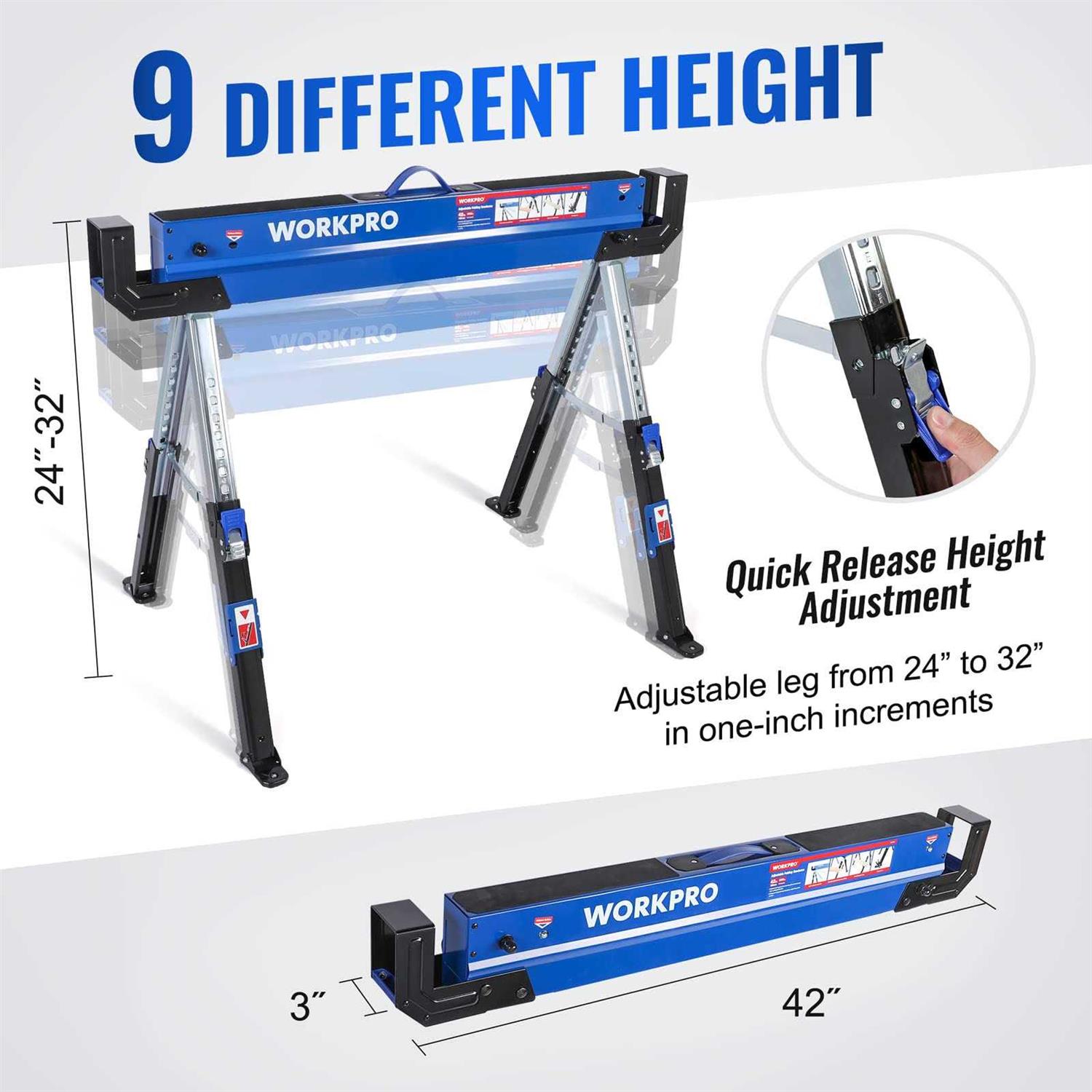 WORKPRO Folding Sawhorse 2-Pack Adjustable Heavy Duty Saw horse with 2x4 Support Arms - Shop Hardware Tools Online Store