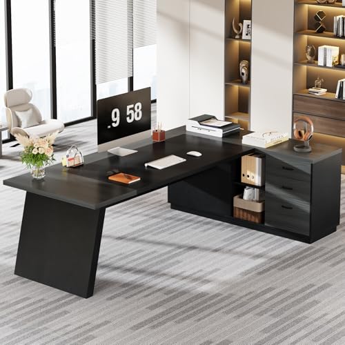 Tribesigns L-Shaped Executive Desk, 78" Modern Office Desk with Drawers and Lateral File Cabinet, Large Computer Desk with Storage Shelves, Workstation for Home Office (Walnut + Black)