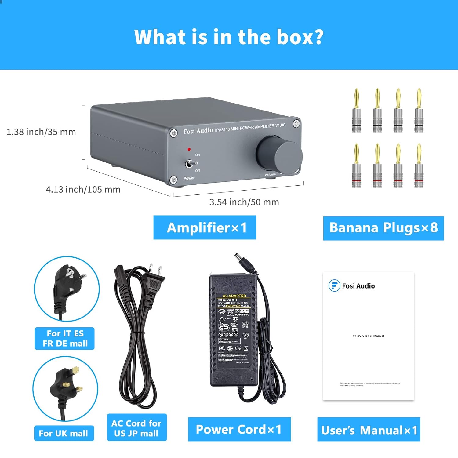 Fosi Audio 100W Power Amplifier with 8 Banana Plugs Mini Stereo Audio 2 Channel Class D Amplifier Hi-Fi Professional Digital Amp with 19V 4.74A Power Adapter for Home Audio System Pack of 2