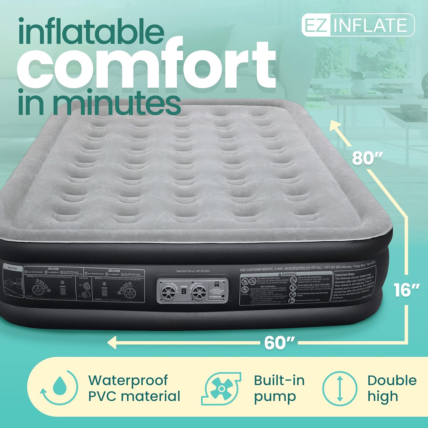 EZ Inflate Air Mattress with Built in Pump - Queen Size Double-High Inflatable Mattress with Flocked Top - Easy Inflate, Waterproof, Portable Blow Up Bed for Camping & Travel
