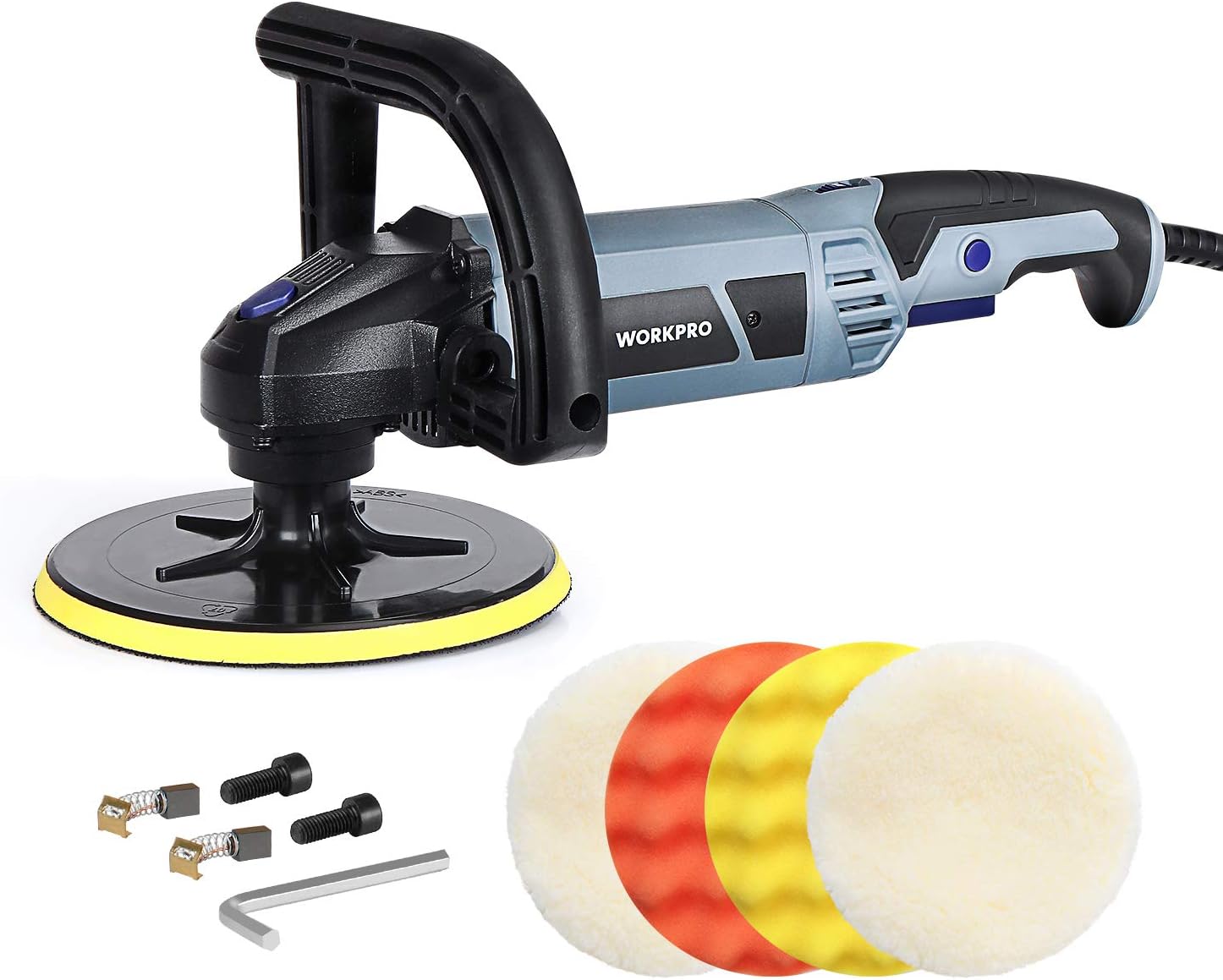 WORKPRO Buffer Polisher - 7-inch Buffer Waxer with 4 Buffing and Polishing Pads, 6 Variable Speed 1000-3800 RPM, Detachable Handle, Ideal for Car Sanding, Polishing, Waxing, Sealing Glaze Pack of 2