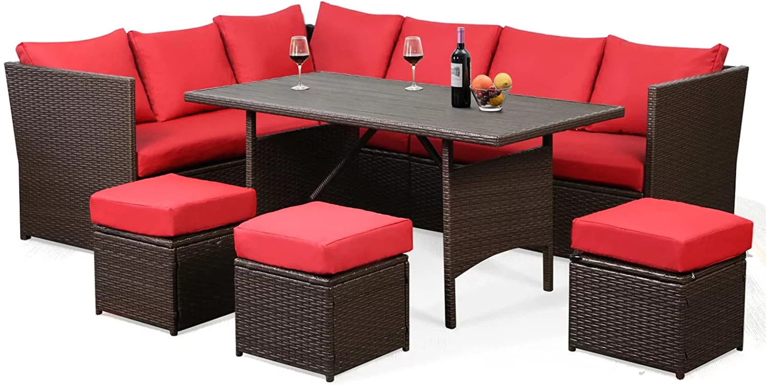 Danrelax 7 Pieces Patio Furniture Set Outdoor Sectional Sofa Conversation Set All Weather Brown Rattan Couch Dining Table &Ottomans, Red Cushions