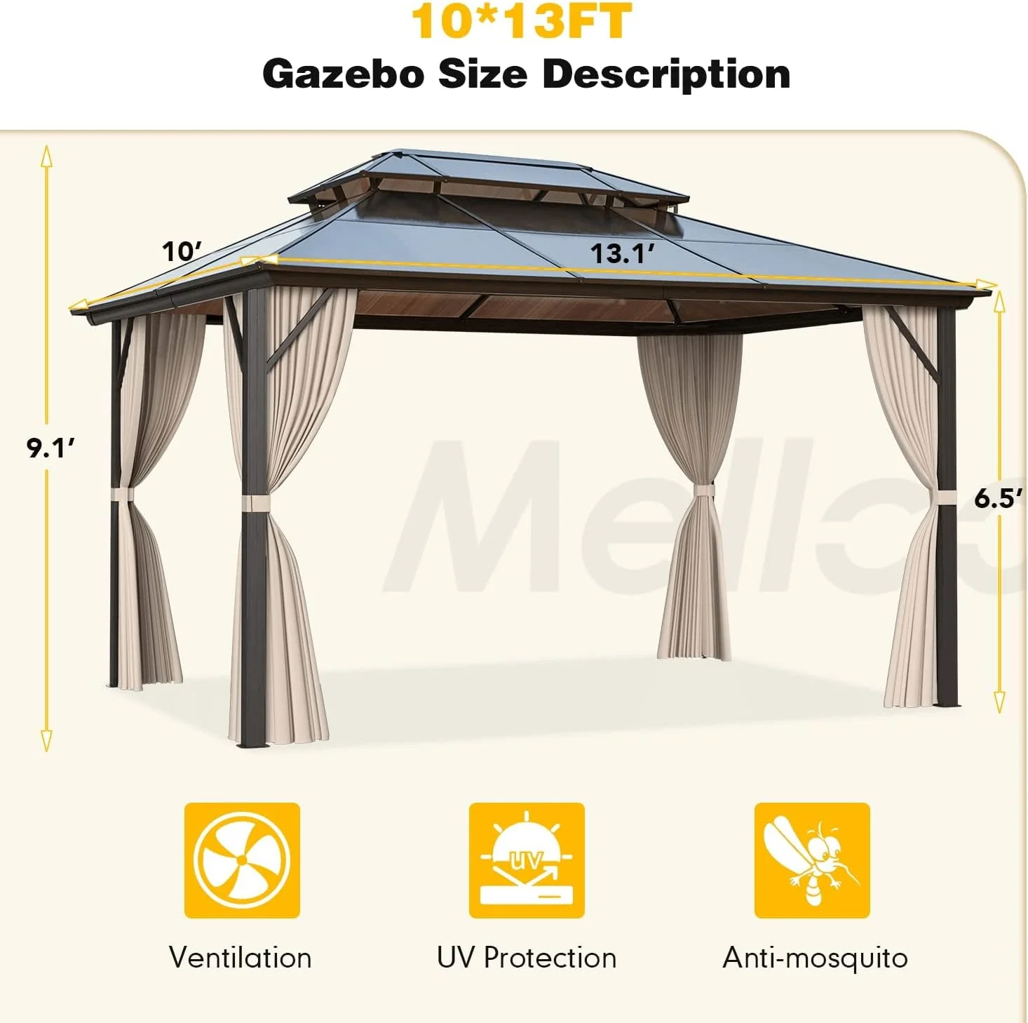 Hommow 10' x 13' Outdoor Hardtop Gazebo, Sun Roof Patio Gazebo with Aluminum Frame