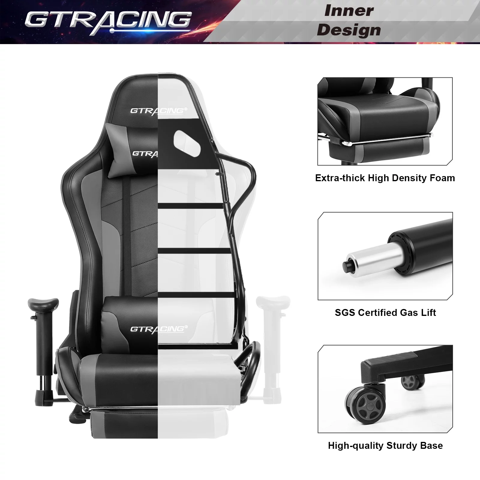 LUCKLIFE Gaming Chair with Speakers Bluetooth and Footrest in Home PU Leather Office Chair, Gray