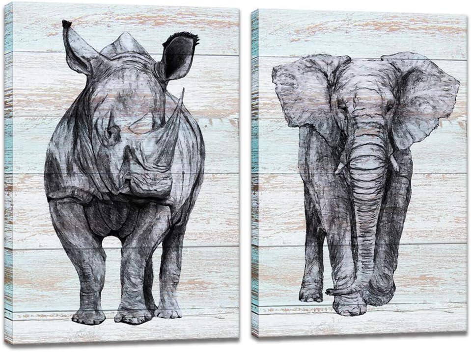 Artsbay 2 Pcs Animal Canvas Wall Art Decor Sketch of Rhino and Elephant Wildlife on Wooden Backdrop Pictures Painting Canvas Print Framed Modern Gallery Wrapped Home Decor for Home Living Room Bedroom