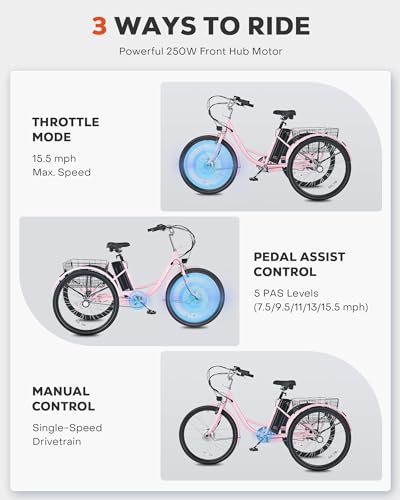 Viribus Electric Tricycle for Adults, Electric Trike 250W(Peak 500W) with 468Wh Removable Battery, Motorized Adult Tricycle, 3 Wheel Electric Bike for Seniors, E Trikes 330 lb. Rosy 24 in