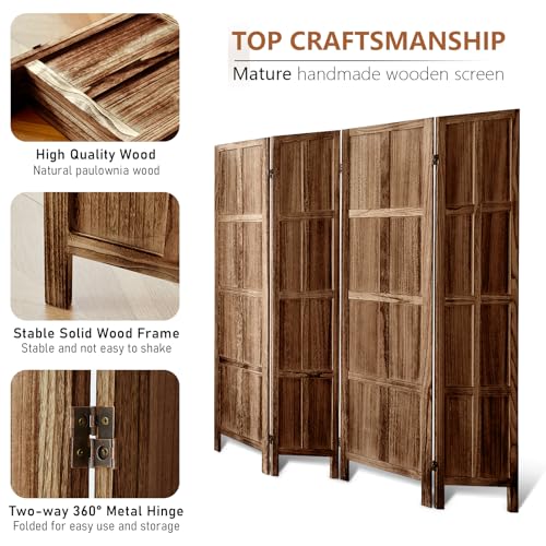Wood Room Divider 4 Panel, 5.6 FT Tall Room Divider and Folding Privacy Screen, Partition Divider for Room Separation, Wooden Wall Divider Screen for Home Office Bedroom (Retro White)
