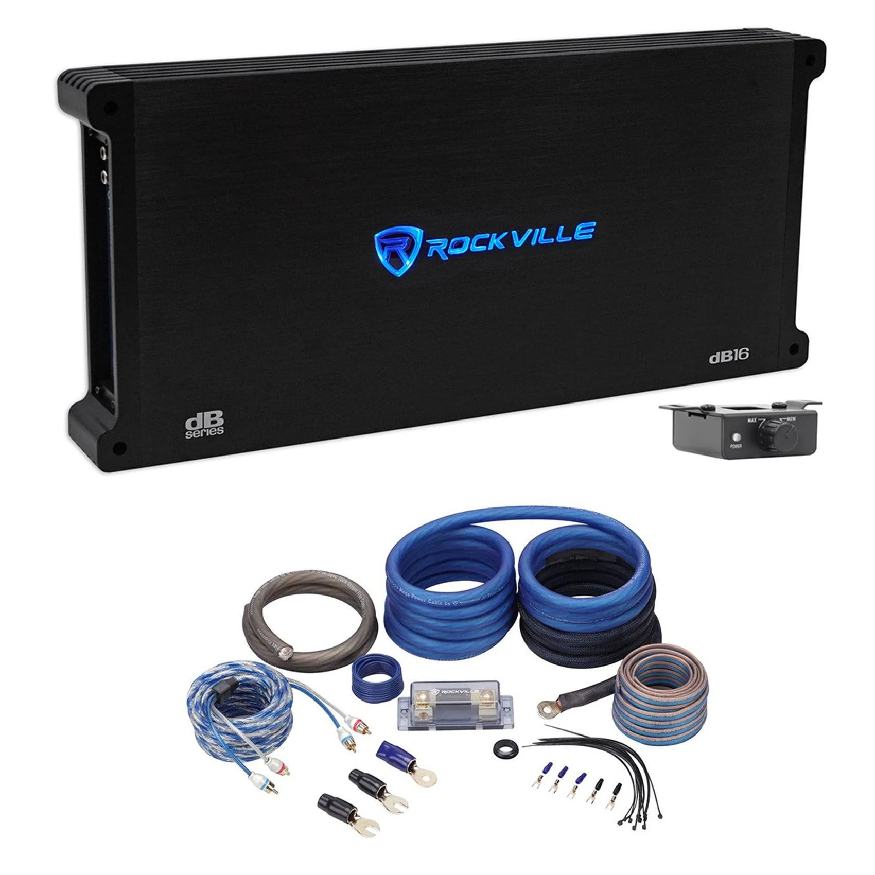 Rockville DB16 8000 Watt/4000w RMS Mono Class D 2ohm Car Audio Amplifier+Amp Kit