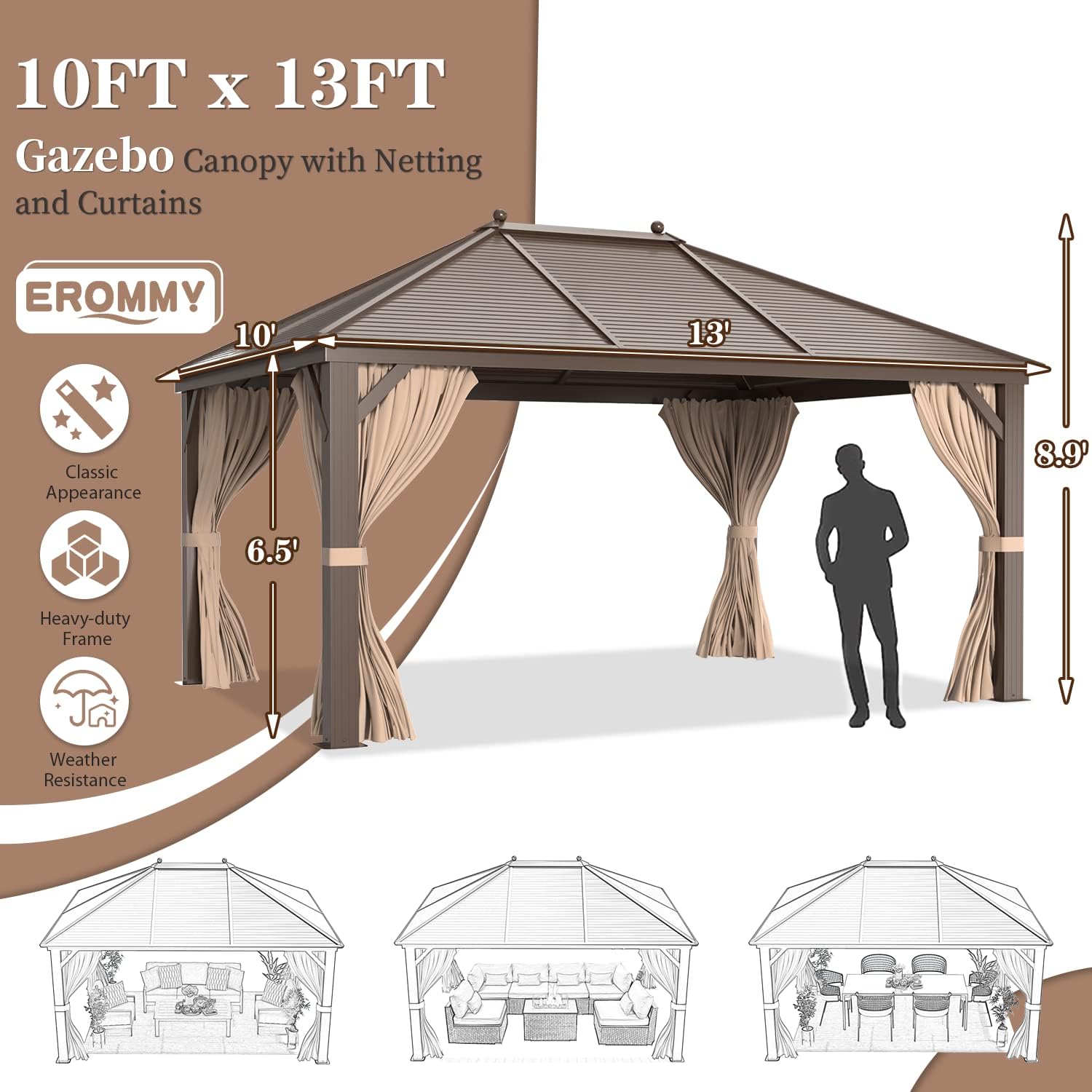 EROMMY Hardtop Gazebo Galvanized Steel Outdoor Gazebo Canopy Double Vented Roof Pergolas Aluminum Frame with Netting and Curtains for Garden,Patio,Lawns,Parties (10'x 13')