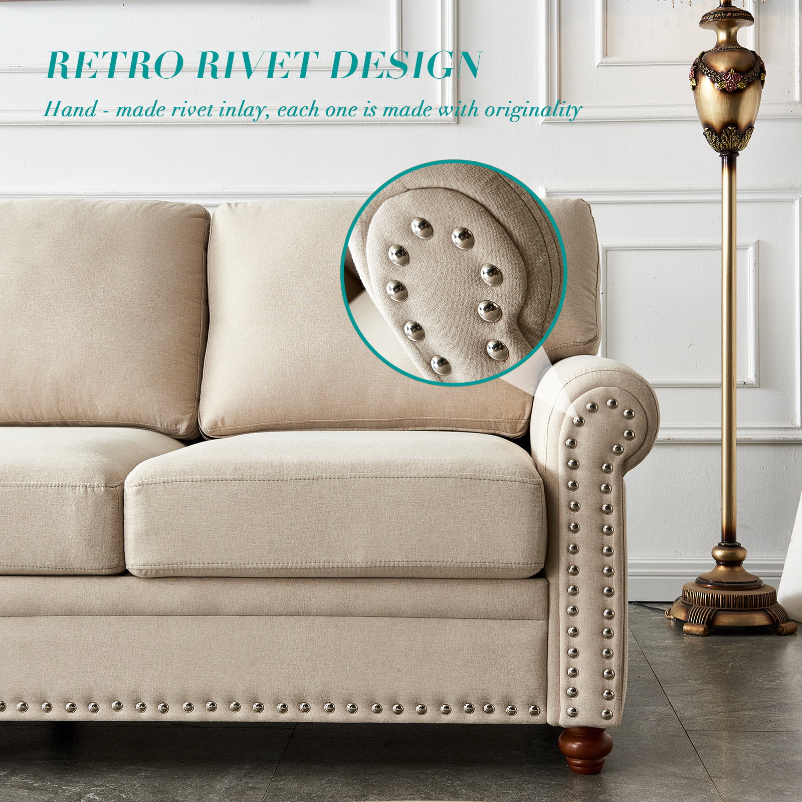 Modern 3 Seater Upholstered Sofa, 100% Polyester Soft Couch with Storage Removable Cushions Solid Wood Legs and Nailhead Trim for Living Room Bedroom Office