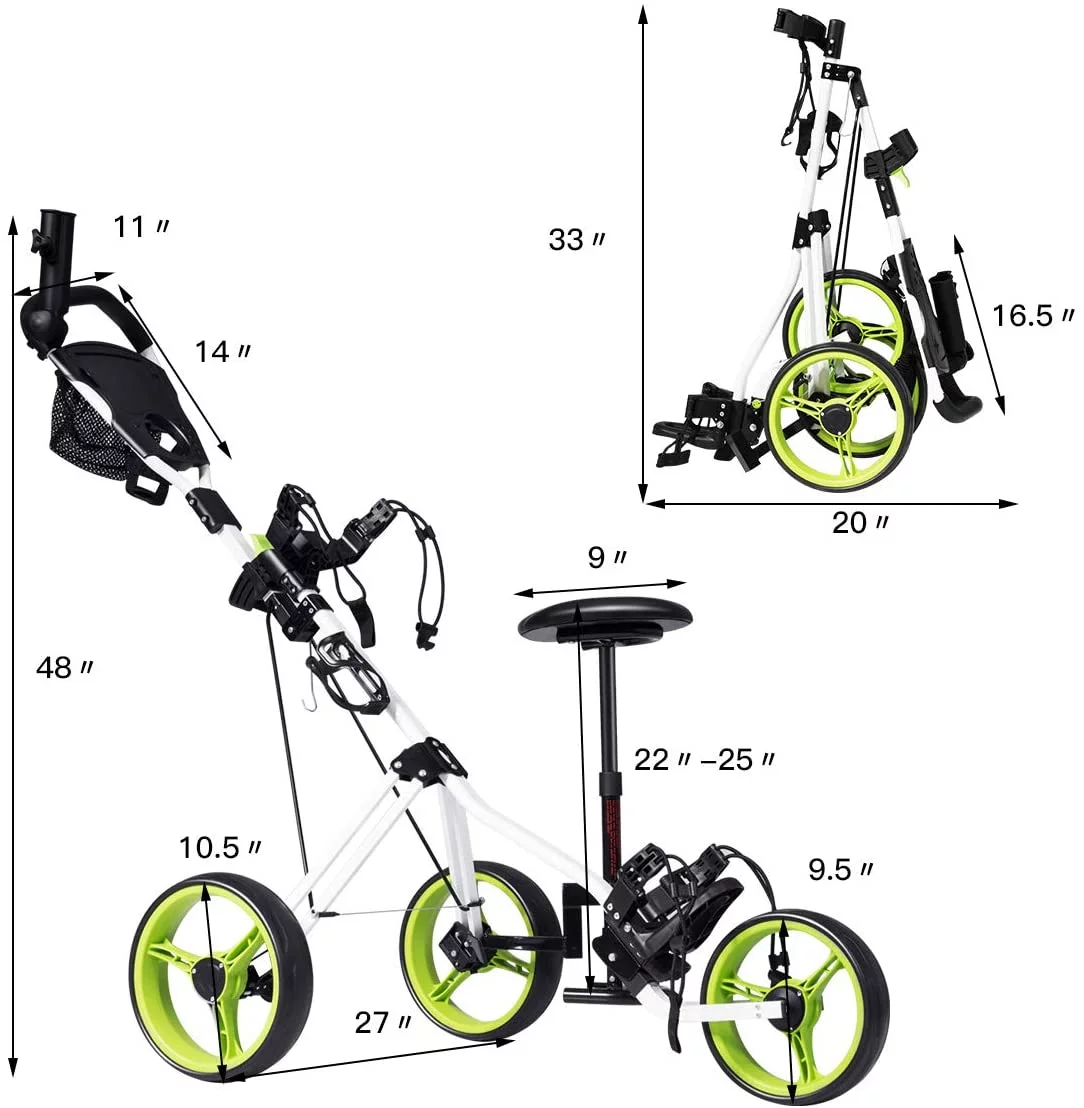 Golf Push Pull Cart with Seat, Lightweight Foldable Collapsible 3 Wheels Golf Push Cart, Golf Trolley with Foot Brake, Adjustable Umbrella Holder & Seat, 4 Height Position Handle - Curated Treasures Market