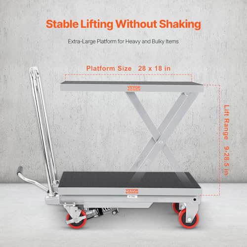 VEVOR Electric Lift Table, 330 lbs Capacity Single Scissor Lift Table, 8-28 in Height Adjustable Lifting Platform, Coffee Table Lift with 4 Wheels, for Material Handling and Transportation, Black