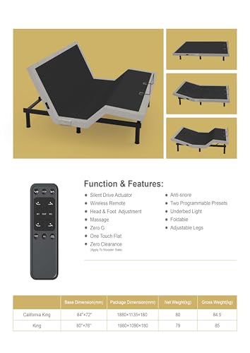 California King Adjustable Bed Base with 10 Inch Gel Memory Foam Mattress - Dual Massage - USB Ports - Zero Gravity - Underbed Light - Wireless Remote