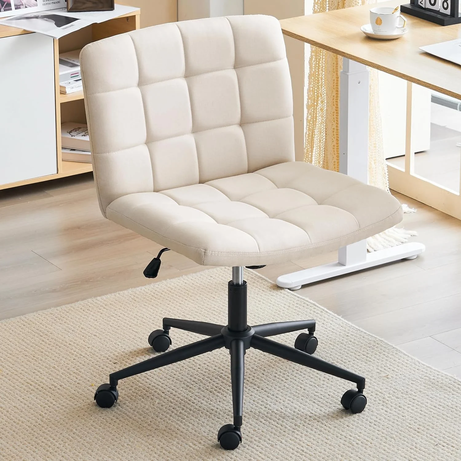 Wide Armless Desk Chair with Wheels, Mid Back Swivel Criss Cross Chair for Home Office, Height Adjustable Wide Seat Home Office Task Chairs, Beige