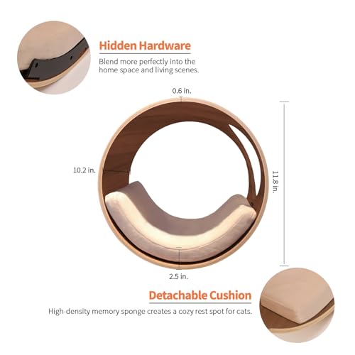 Cat Wall Shelves Round for Large Cat Bed Shelf with Cushion Wall Mounted Cat Condo Cat Perch Wooden Cat Wall Furniture 16.1"x11.8"x16.1", Support to 50 LBS(Left Opening,Oak)