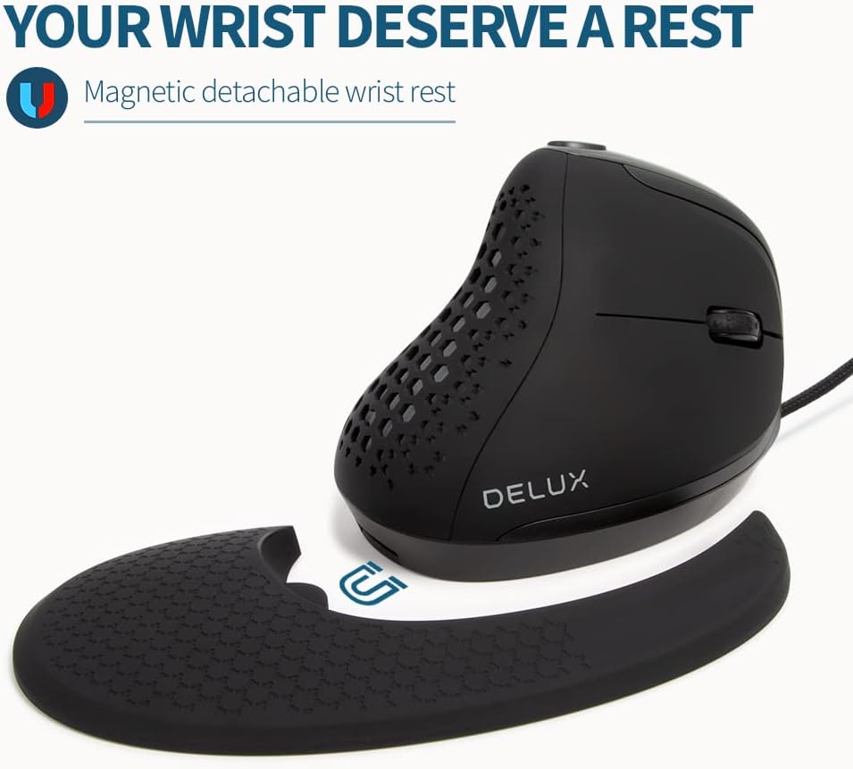 DELUX Seeker Wired Ergonomic Vertical Mouse with Thumb Wheel, Optical Computer Mouse with 6 Programmable Buttons, 4000 DPI, LED Backlight, Removable Wrist Rest for Carpal Tunnel(M618XSU-Black)