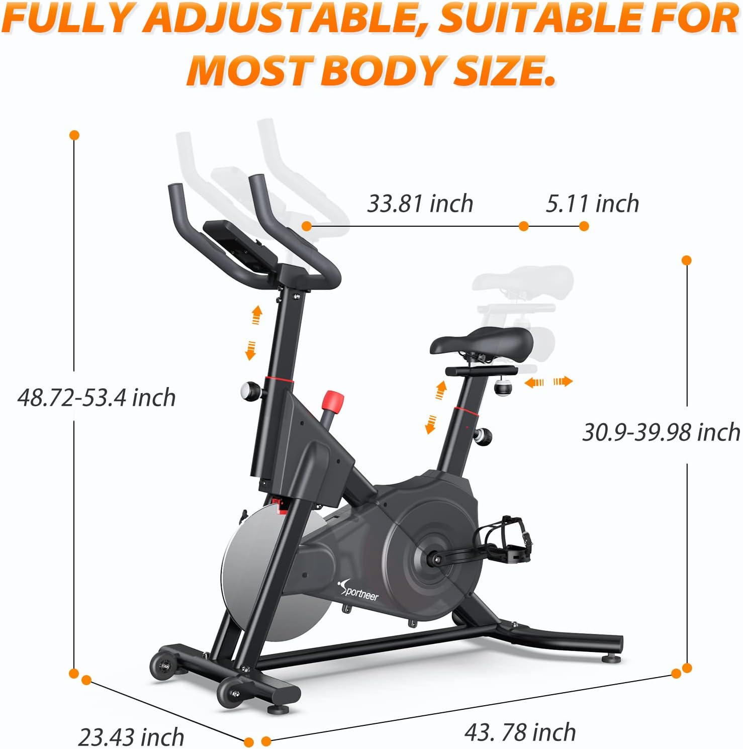 Sportneer Exercise Bike (Quiet), Indoor Cycling Bike Stationary Magnetic Resistance Spin Bike Cycle Workout Bikes for Home Gym, Aluminum Flywheel, Bluetooth & APP, Black