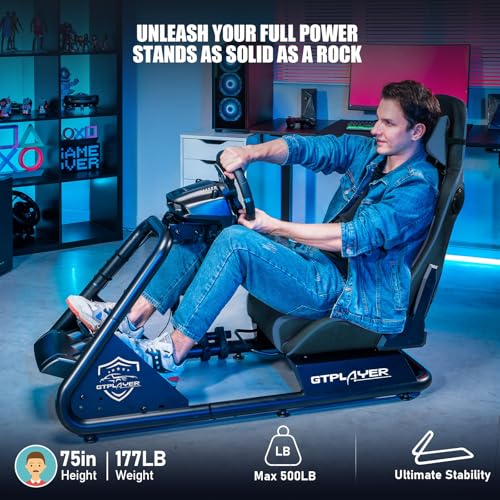 GTPLAYER Racing Simulator Cockpit with Seat and Bluetooth Speakers, Racing Style Reclining Seat and Ultra-Sturdy Alloy Steel Frame, A/B Box (Blue)