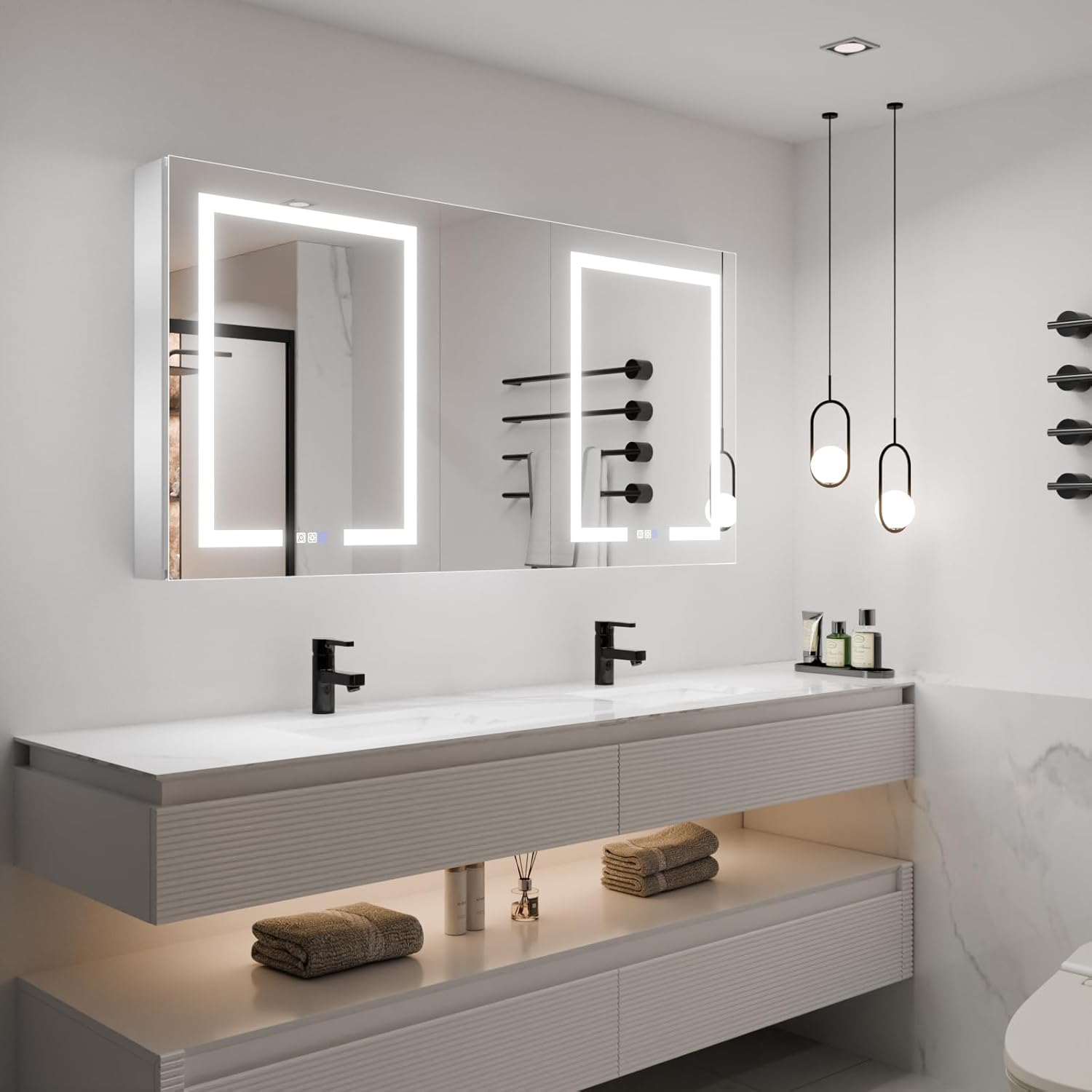 ExBrite LED Lighted Bathroom Medicine Cabinet with Mirror, 60 x 30 Inch, led Medicine Cabinet with Extra Closed Storage Cabinet,Defog, Stepless Dimming,Color Temper Change, 2 Outlets,Storage Shelves
